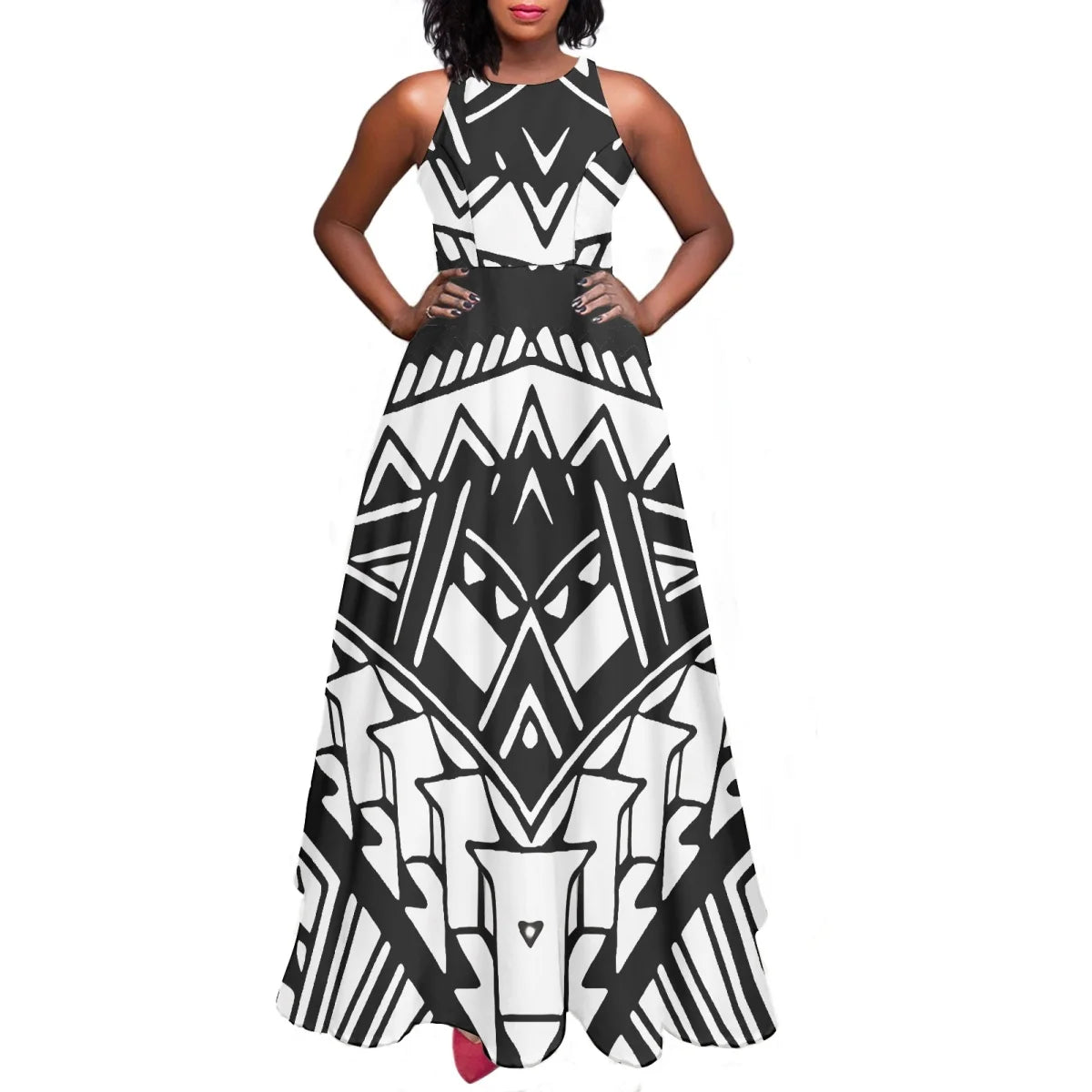 Sleeveless Large Skirt Navy Blue Tapa Traditional Print Round Neck Women Polynesian Tribal Design Casual Fashion Dress Prom