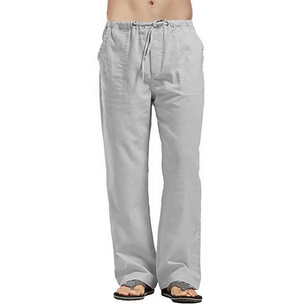 Vintage Men Pleated Cotton Linen Casual Pants Drawstring Side Zip Elastic Waist Comfort Breathable Beach Trousers Straight Pants
