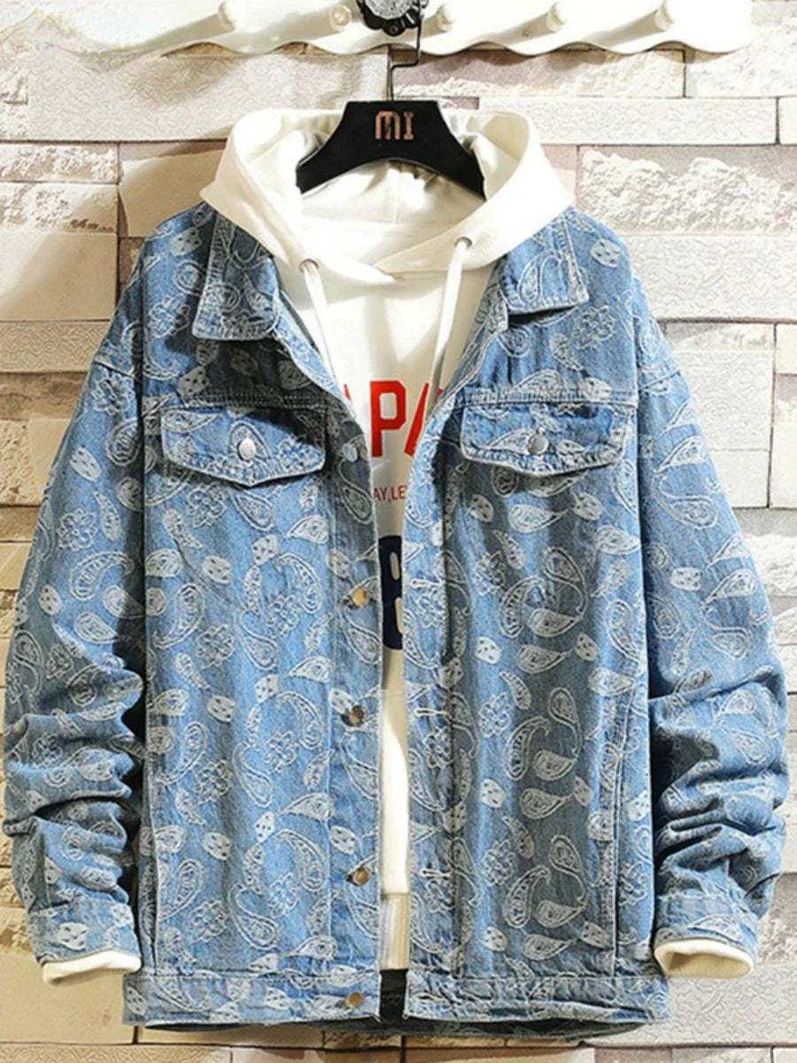 New 2025 Spring Japanese Vintage Printed Denim Jacket Men Streetwear Fashion Loose Cowboy Jean Jacket Man Clothing