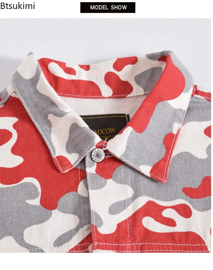 Spring Autumn Men's Fashion Denim Jackets Vintage Streetwear Loose Casual Lapel Button Camouflage Print Pockets Jean Coats Male