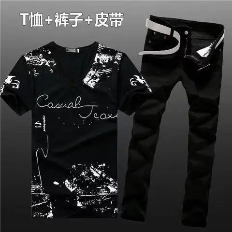 Summer Men Set Cotton T-Shirts Jeans Two Piece Suit Simple Casual T-shirt Denim Pants Sets