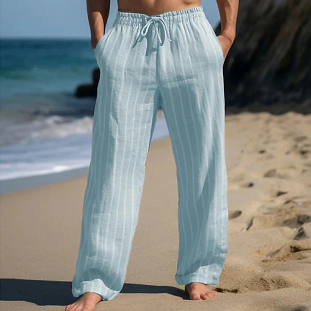 Men's Linen Pants Trousers Summer Pants Beach Pants Drawstring Elastic Waist Straight Leg Stripe Comfort Breathable Pants