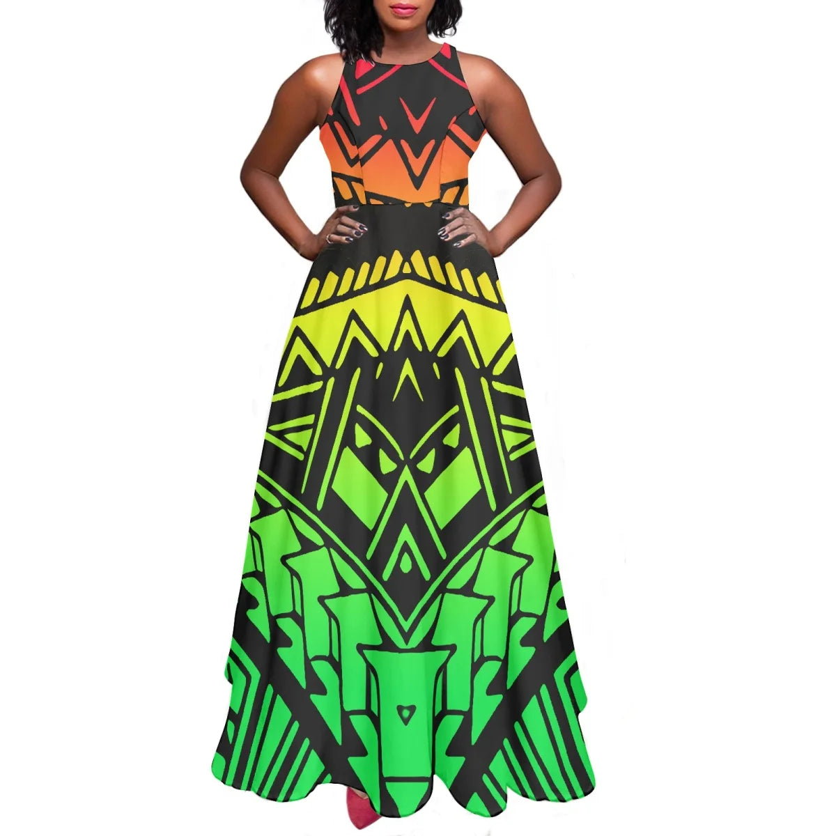 Sleeveless Large Skirt Navy Blue Tapa Traditional Print Round Neck Women Polynesian Tribal Design Casual Fashion Dress Prom