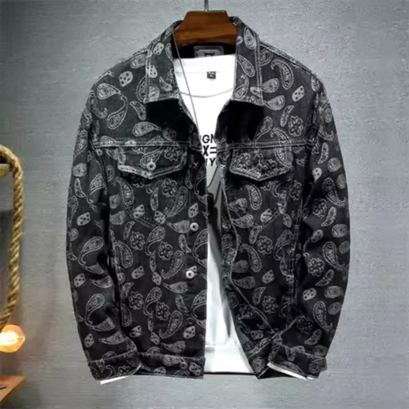 New 2025 Spring Japanese Vintage Printed Denim Jacket Men Streetwear Fashion Loose Cowboy Jean Jacket Man Clothing