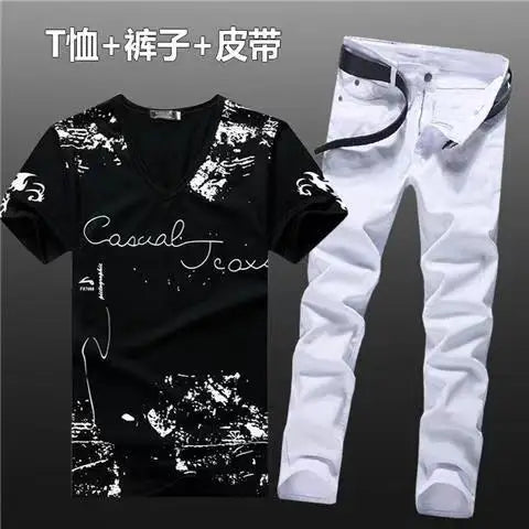 Summer Men Set Cotton T-Shirts Jeans Two Piece Suit Simple Casual T-shirt Denim Pants Sets