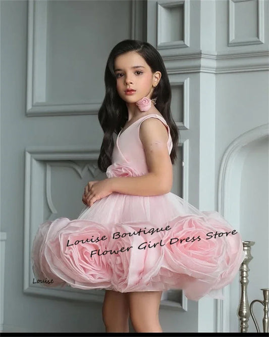 Louise Princess Pink Baby Flower Dresses 3D Flowers Sleeveless Birthday Gifts Wedding Dresses For Kids ropa de niña Customized