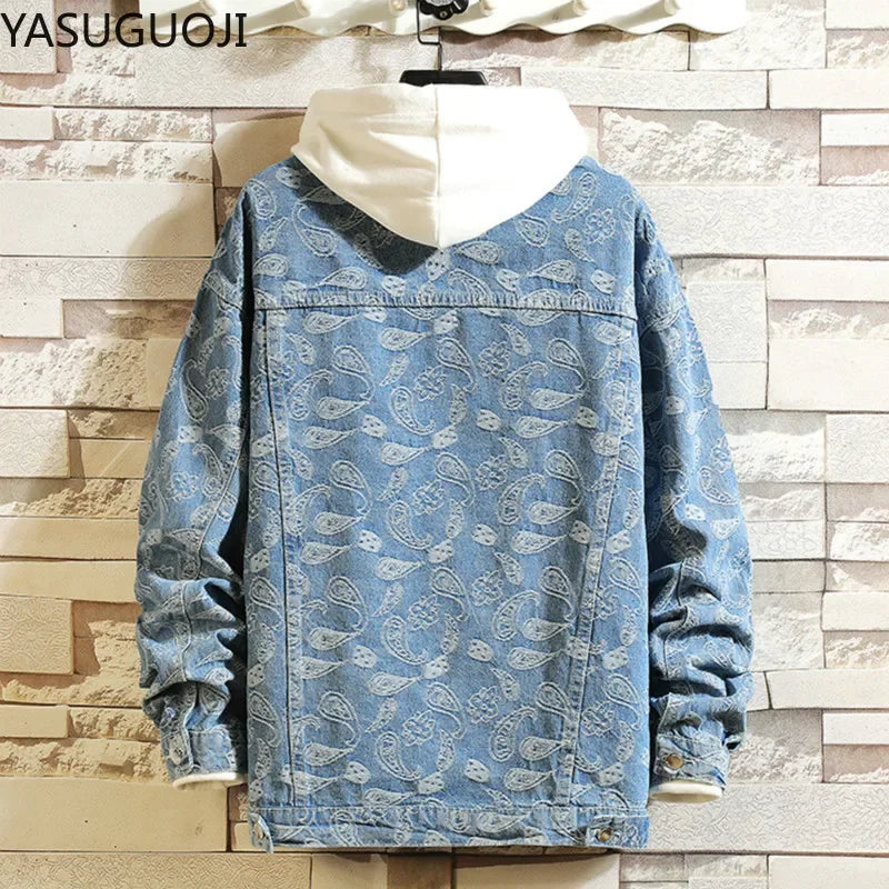 New 2025 Spring Japanese Vintage Printed Denim Jacket Men Streetwear Fashion Loose Cowboy Jean Jacket Man Clothing