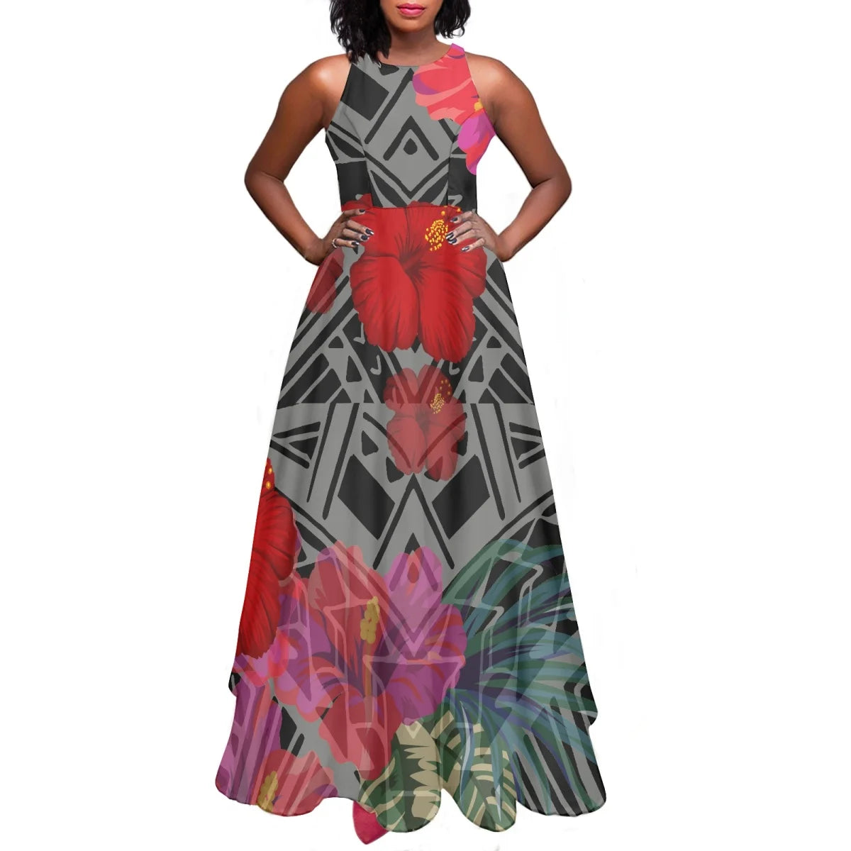 Sleeveless Large Skirt Navy Blue Tapa Traditional Print Round Neck Women Polynesian Tribal Design Casual Fashion Dress Prom