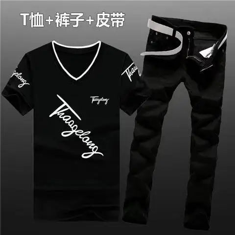 Summer Men Set Cotton T-Shirts Jeans Two Piece Suit Simple Casual T-shirt Denim Pants Sets