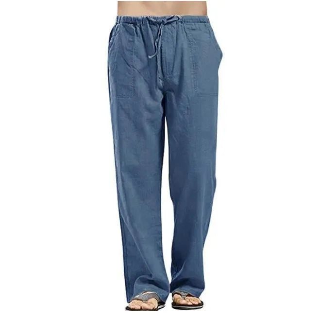 Vintage Men Pleated Cotton Linen Casual Pants Drawstring Side Zip Elastic Waist Comfort Breathable Beach Trousers Straight Pants