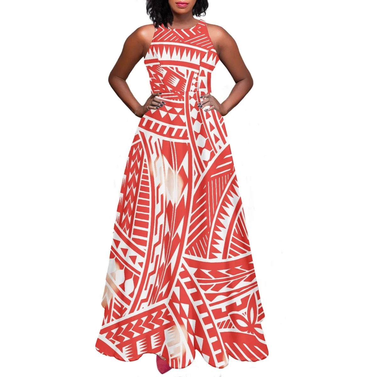 Sleeveless Large Skirt Navy Blue Tapa Traditional Print Round Neck Women Polynesian Tribal Design Casual Fashion Dress Prom