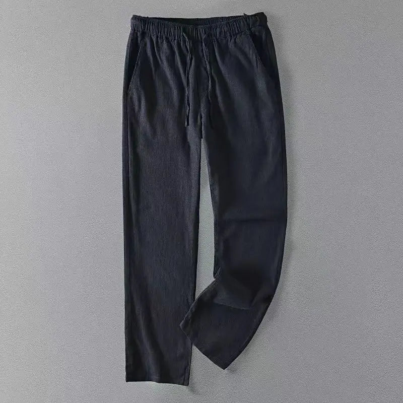 Vintage Men Pleated Cotton Linen Casual Pants Drawstring Side Zip Elastic Waist Comfort Breathable Beach Trousers Straight Pants