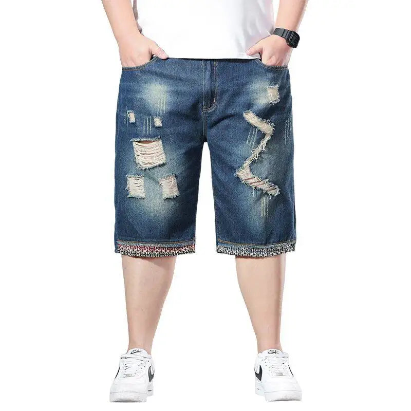 Blue Men's Denim Shorts Fashion Casual Jeans Short Pants with Pockets ripped and Scratch Decoration Asian Size 28-40 42 44 46 48