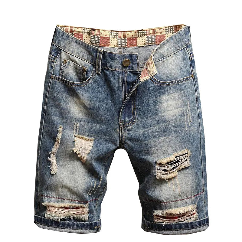 Blue Men's Denim Shorts Fashion Casual Jeans Short Pants with Pockets ripped and Scratch Decoration Asian Size 28-40 42 44 46 48