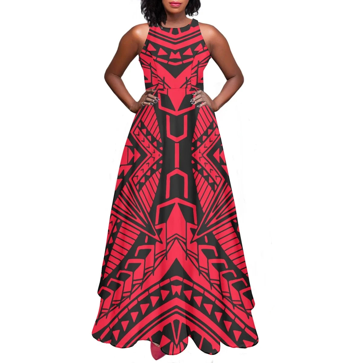 Sleeveless Large Skirt Navy Blue Tapa Traditional Print Round Neck Women Polynesian Tribal Design Casual Fashion Dress Prom