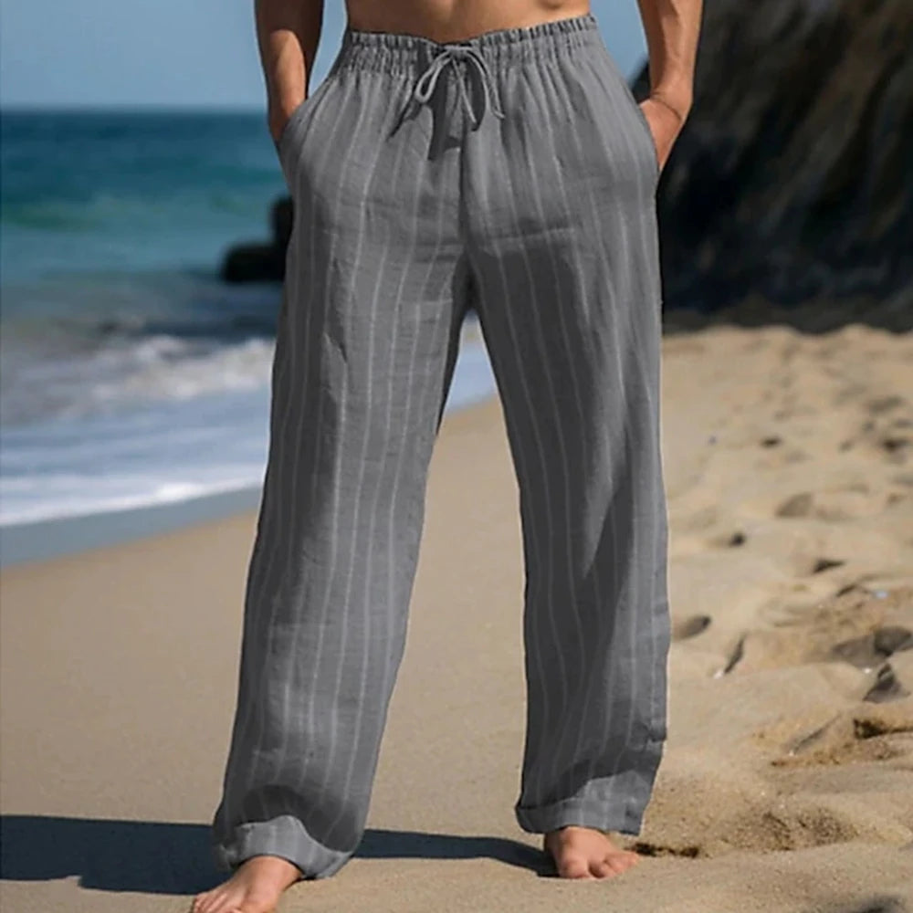 Men's Linen Pants Trousers Summer Pants Beach Pants Drawstring Elastic Waist Straight Leg Stripe Comfort Breathable Pants