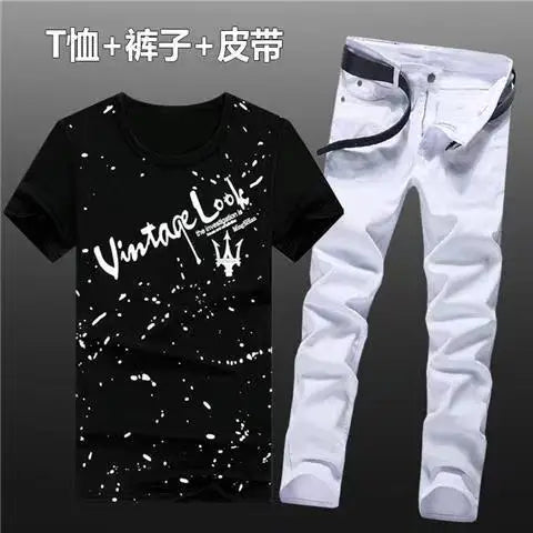 Summer Men Set Cotton T-Shirts Jeans Two Piece Suit Simple Casual T-shirt Denim Pants Sets
