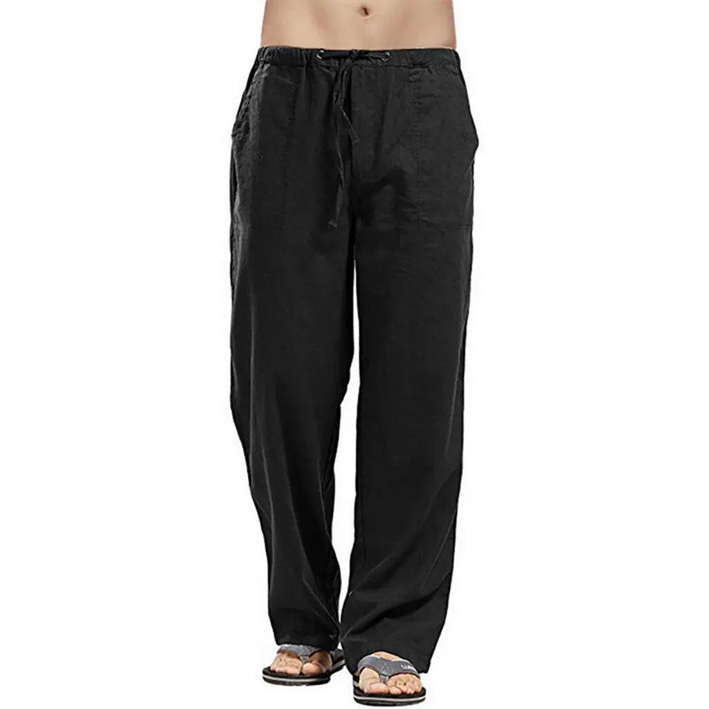 Vintage Men Pleated Cotton Linen Casual Pants Drawstring Side Zip Elastic Waist Comfort Breathable Beach Trousers Straight Pants