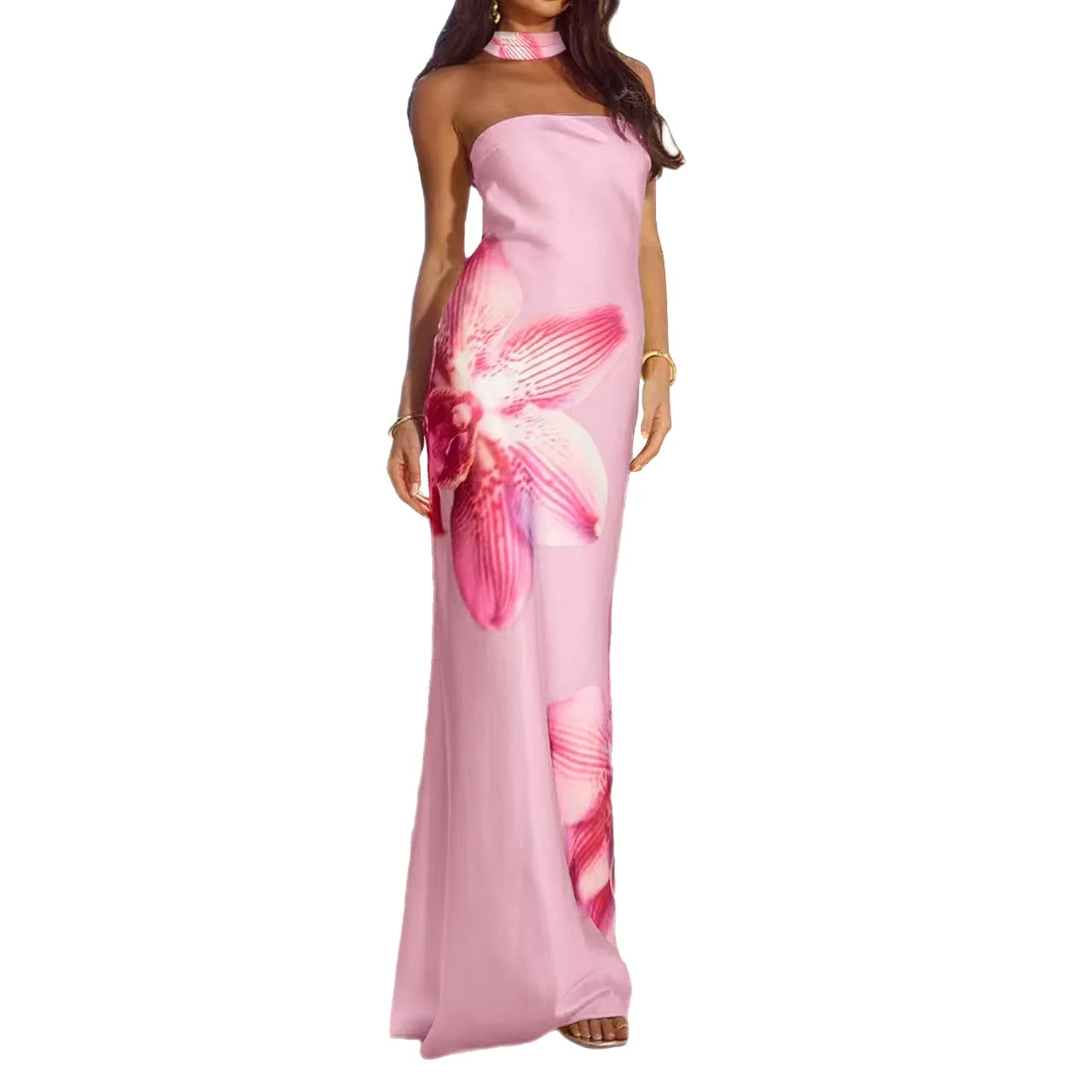 Summer Long Dress with Scarf Women Tube Dress Elegant Strapless Backless Flower Print