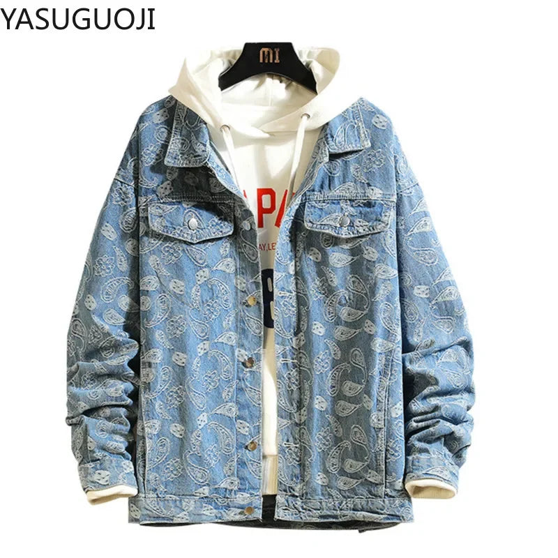 New 2025 Spring Japanese Vintage Printed Denim Jacket Men Streetwear Fashion Loose Cowboy Jean Jacket Man Clothing