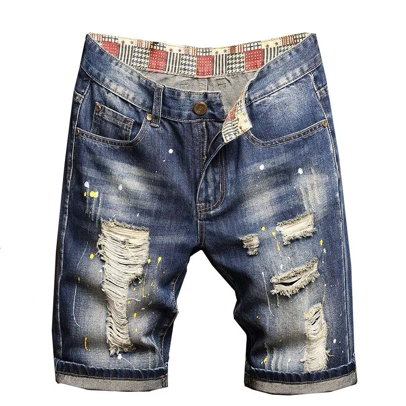 Blue Men's Denim Shorts Fashion Casual Jeans Short Pants with Pockets ripped and Scratch Decoration Asian Size 28-40 42 44 46 48
