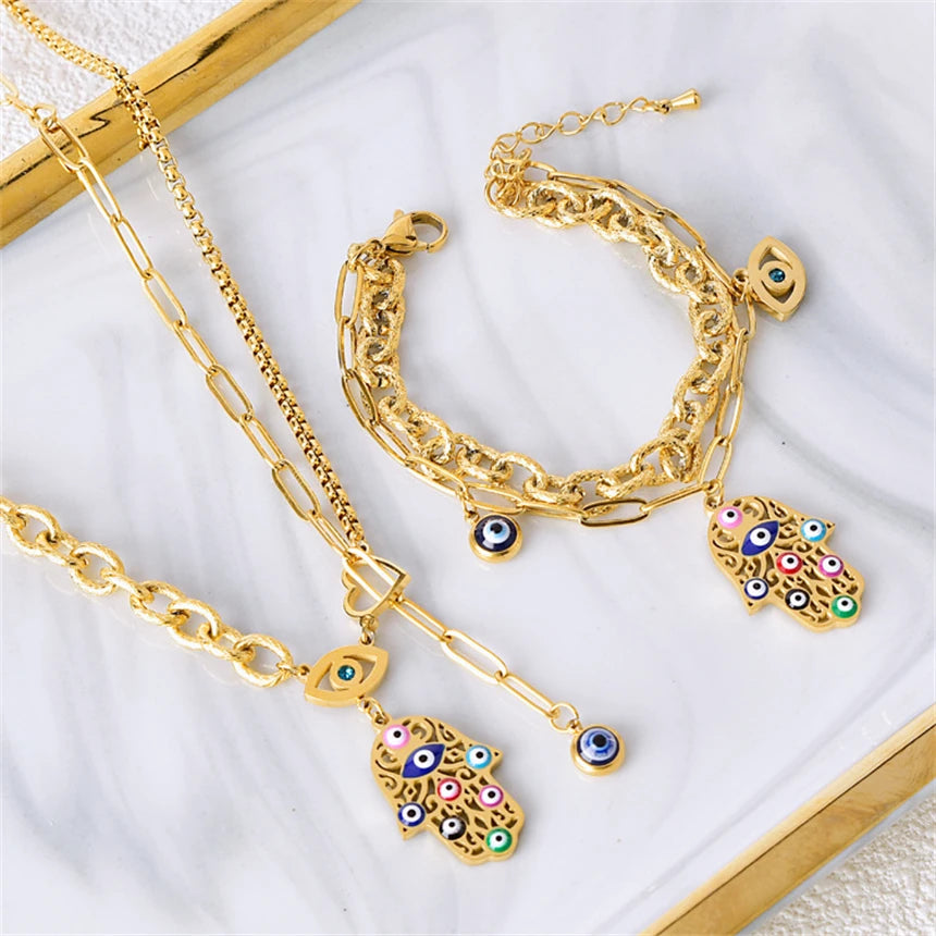 316L Stainless Steel Colored Oil Drip Palm Eyes Pendant Charm Chain Necklaces Bracelets Earrings Fashion High Jewelry Party Gift