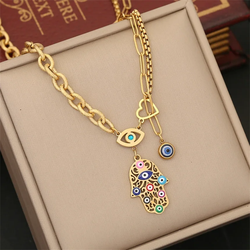 316L Stainless Steel Colored Oil Drip Palm Eyes Pendant Charm Chain Necklaces Bracelets Earrings Fashion High Jewelry Party Gift