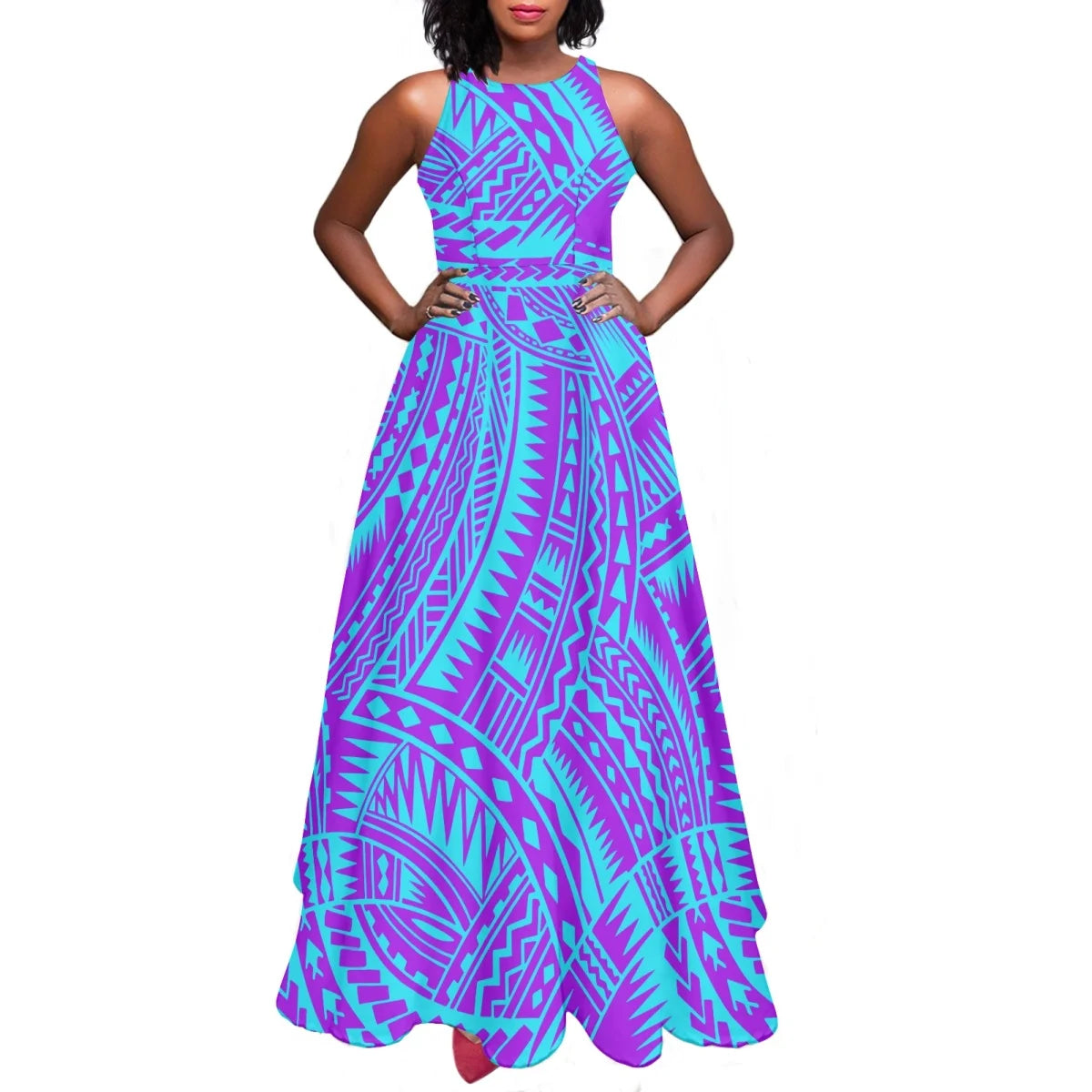 Sleeveless Large Skirt Navy Blue Tapa Traditional Print Round Neck Women Polynesian Tribal Design Casual Fashion Dress Prom