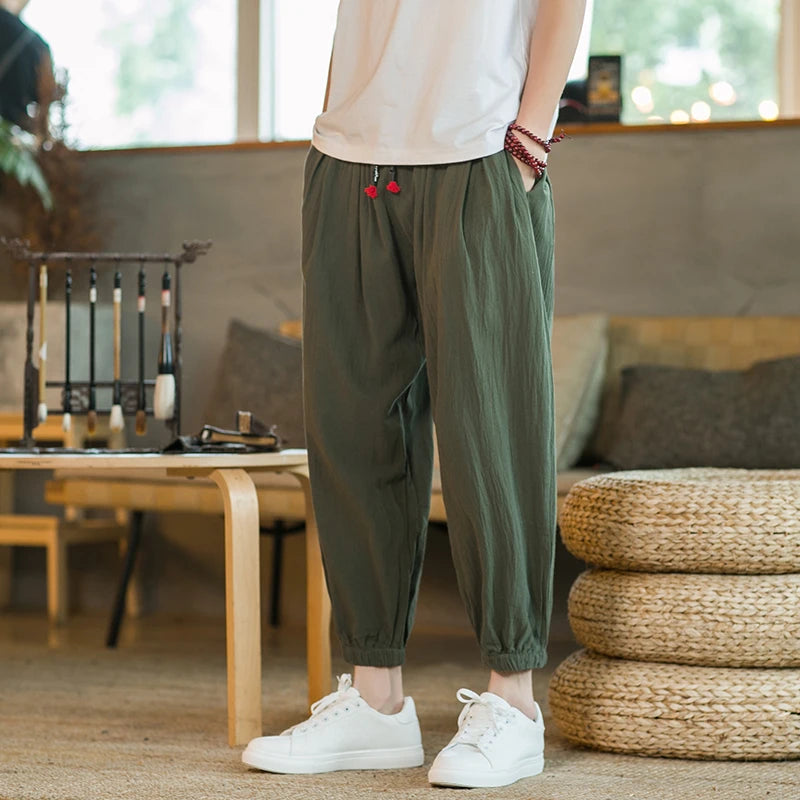 Men's Cotton and Linen Harem Pants Casual Loose Oversize Beach Pants Chinese Style Wide Leg Trousers Joggers Men Summer