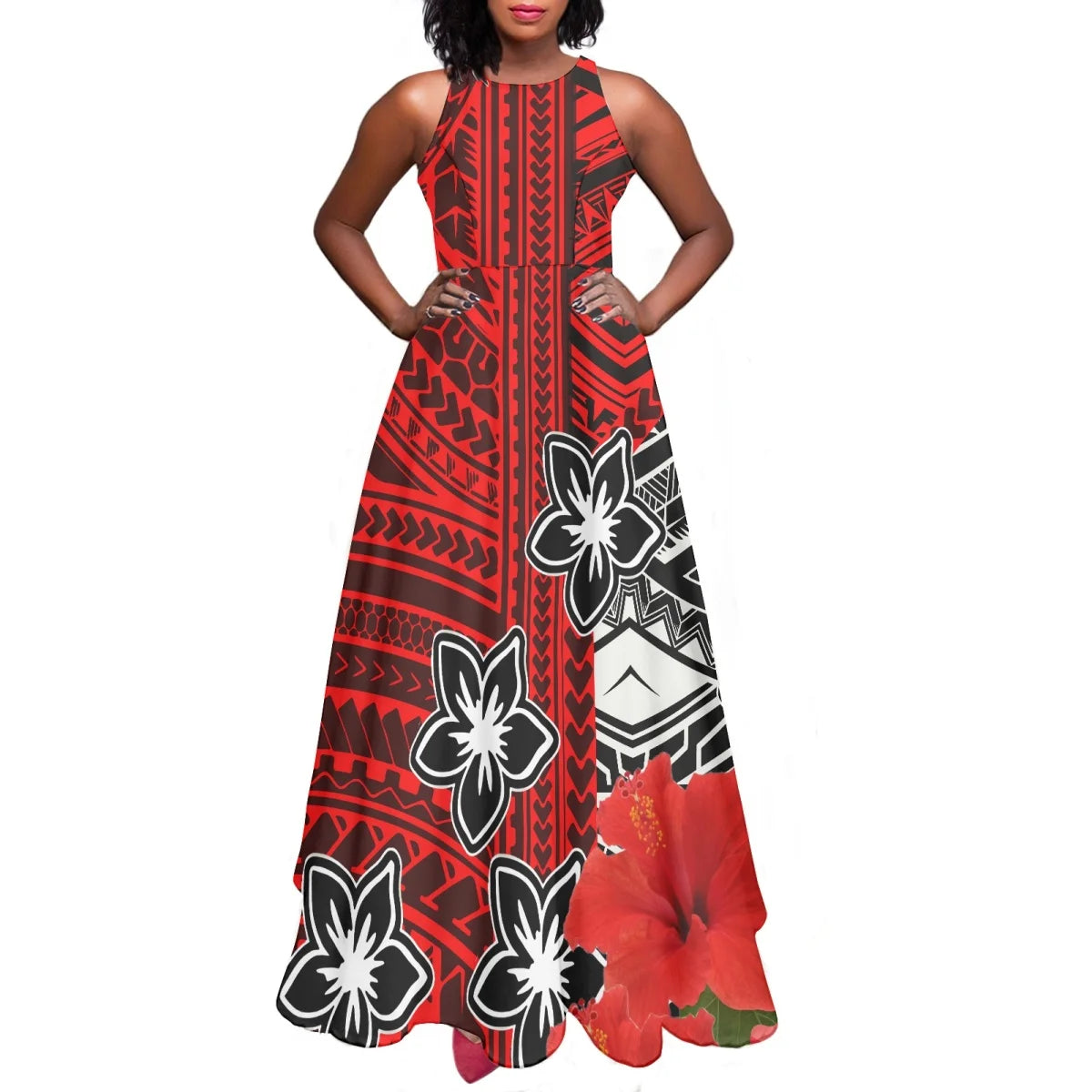 Sleeveless Large Skirt Navy Blue Tapa Traditional Print Round Neck Women Polynesian Tribal Design Casual Fashion Dress Prom
