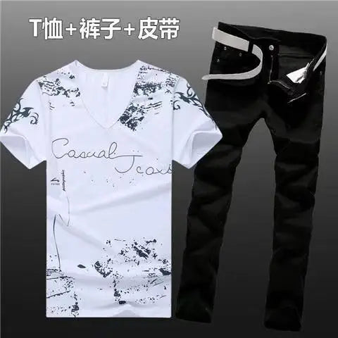 Summer Men Set Cotton T-Shirts Jeans Two Piece Suit Simple Casual T-shirt Denim Pants Sets