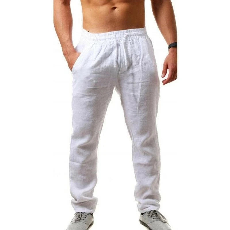 Vintage Men Pleated Cotton Linen Casual Pants Drawstring Side Zip Elastic Waist Comfort Breathable Beach Trousers Straight Pants