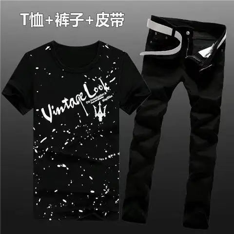 Summer Men Set Cotton T-Shirts Jeans Two Piece Suit Simple Casual T-shirt Denim Pants Sets