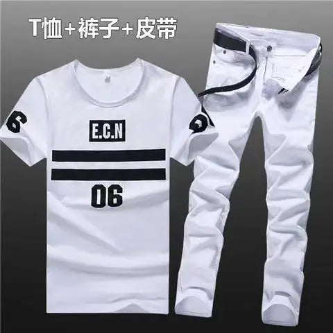 Summer Men Set Cotton T-Shirts Jeans Two Piece Suit Simple Casual T-shirt Denim Pants Sets