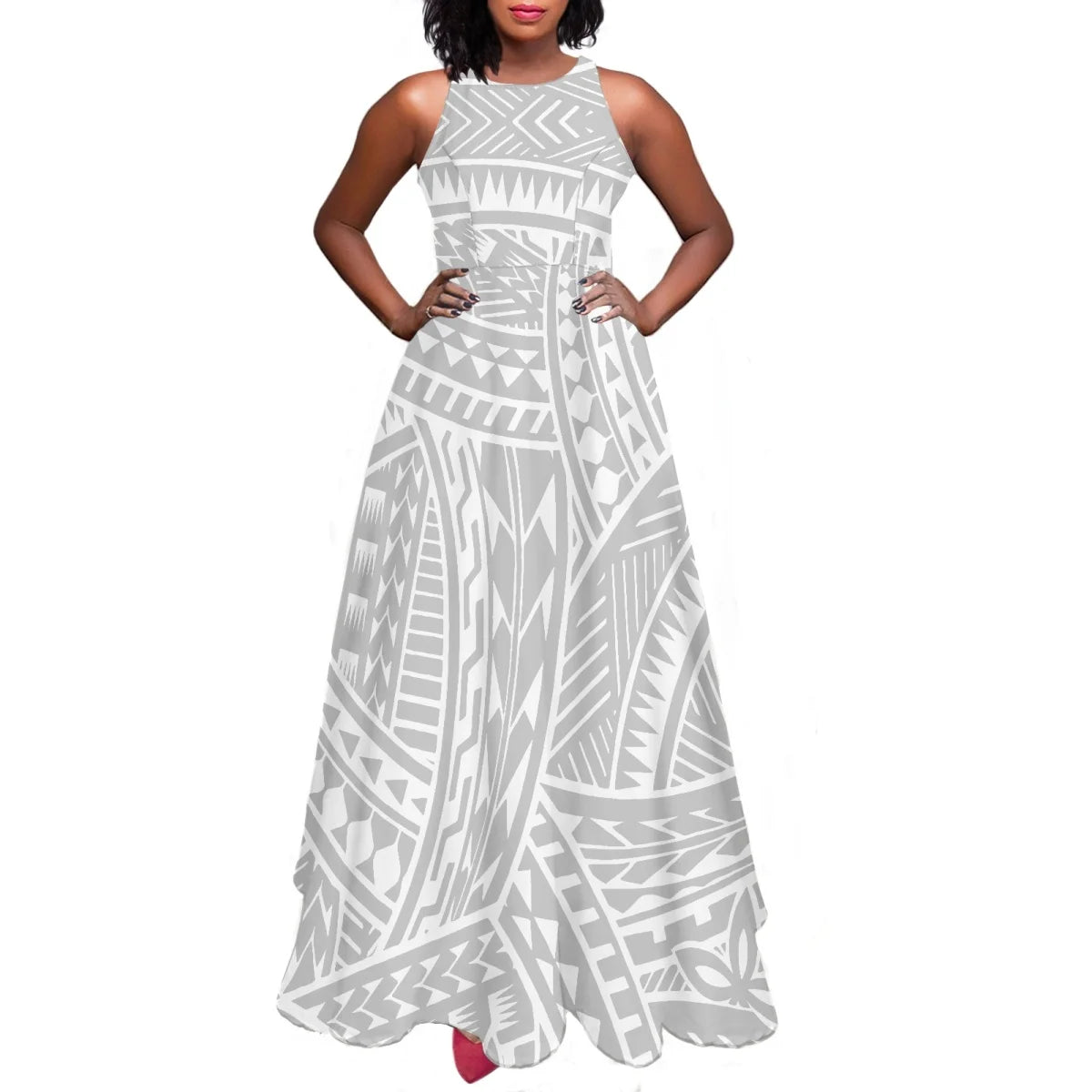 Sleeveless Large Skirt Navy Blue Tapa Traditional Print Round Neck Women Polynesian Tribal Design Casual Fashion Dress Prom