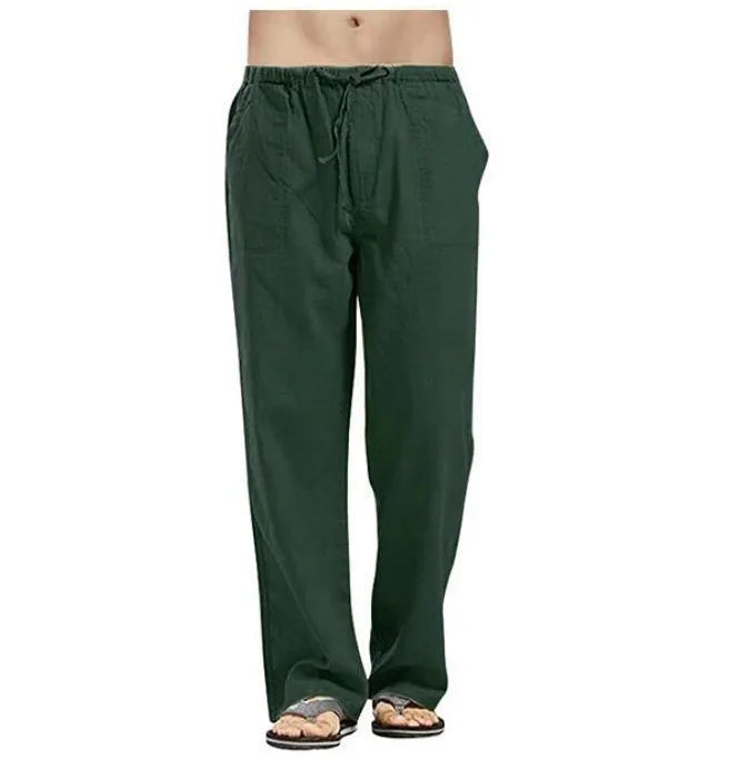 Vintage Men Pleated Cotton Linen Casual Pants Drawstring Side Zip Elastic Waist Comfort Breathable Beach Trousers Straight Pants