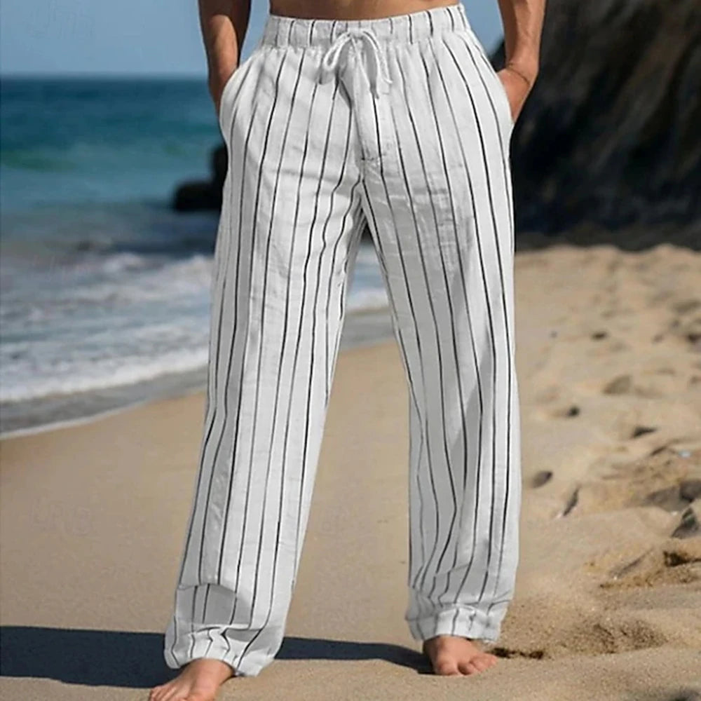 Men's Linen Pants Trousers Summer Pants Beach Pants Drawstring Elastic Waist Straight Leg Stripe Comfort Breathable Pants