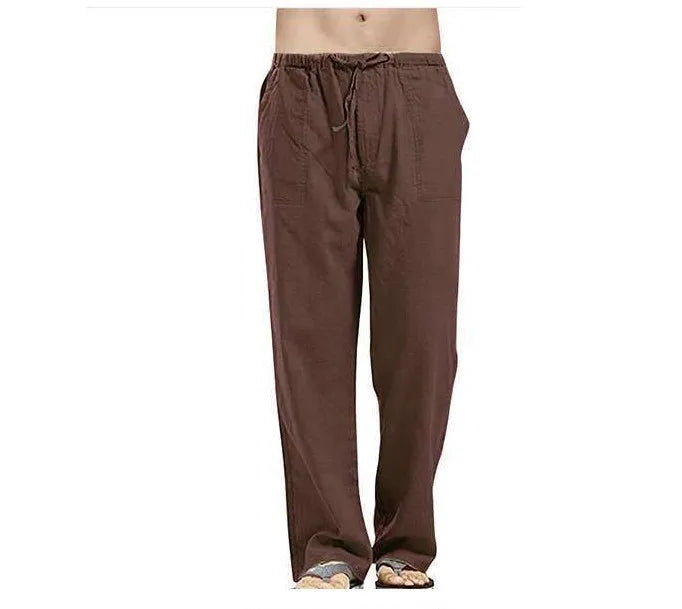 Vintage Men Pleated Cotton Linen Casual Pants Drawstring Side Zip Elastic Waist Comfort Breathable Beach Trousers Straight Pants