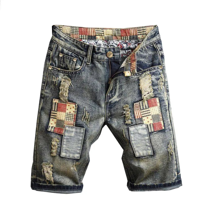 Blue Men's Denim Shorts Fashion Casual Jeans Short Pants with Pockets ripped and Scratch Decoration Asian Size 28-40 42 44 46 48