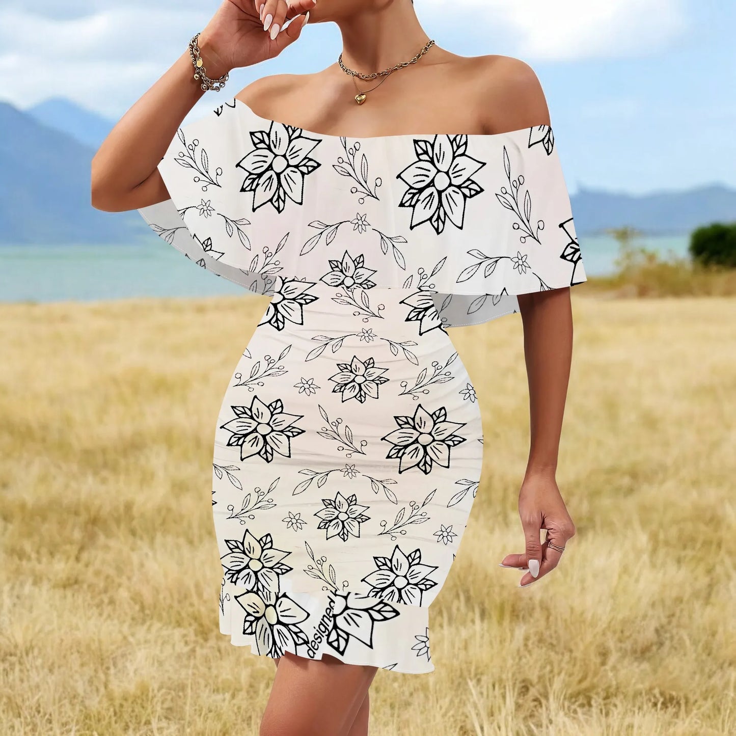 Women's 2025 Spring/Summer New Customized Casual Loose Swinging Collar Shoulder Printed Flower Strap Dress