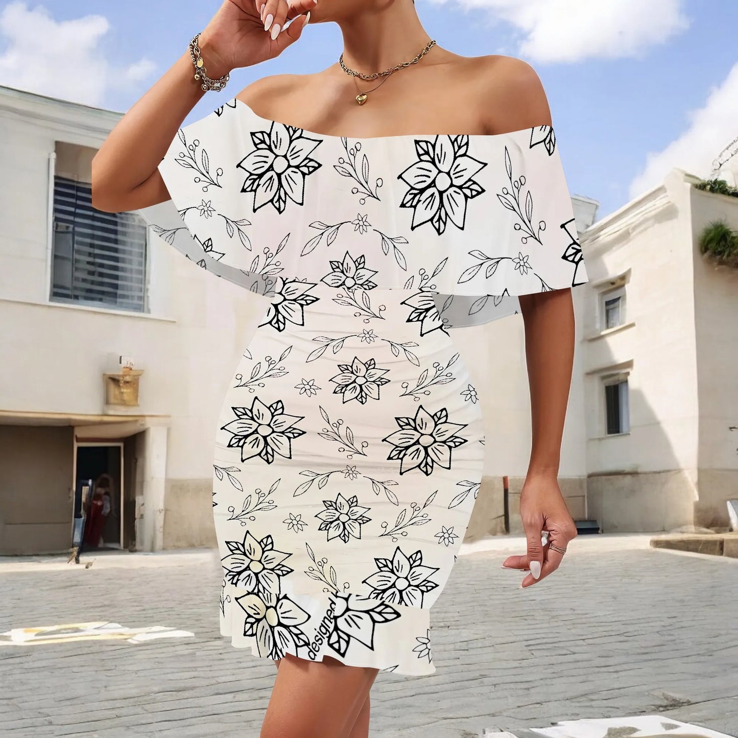 Women's 2025 Spring/Summer New Customized Casual Loose Swinging Collar Shoulder Printed Flower Strap Dress