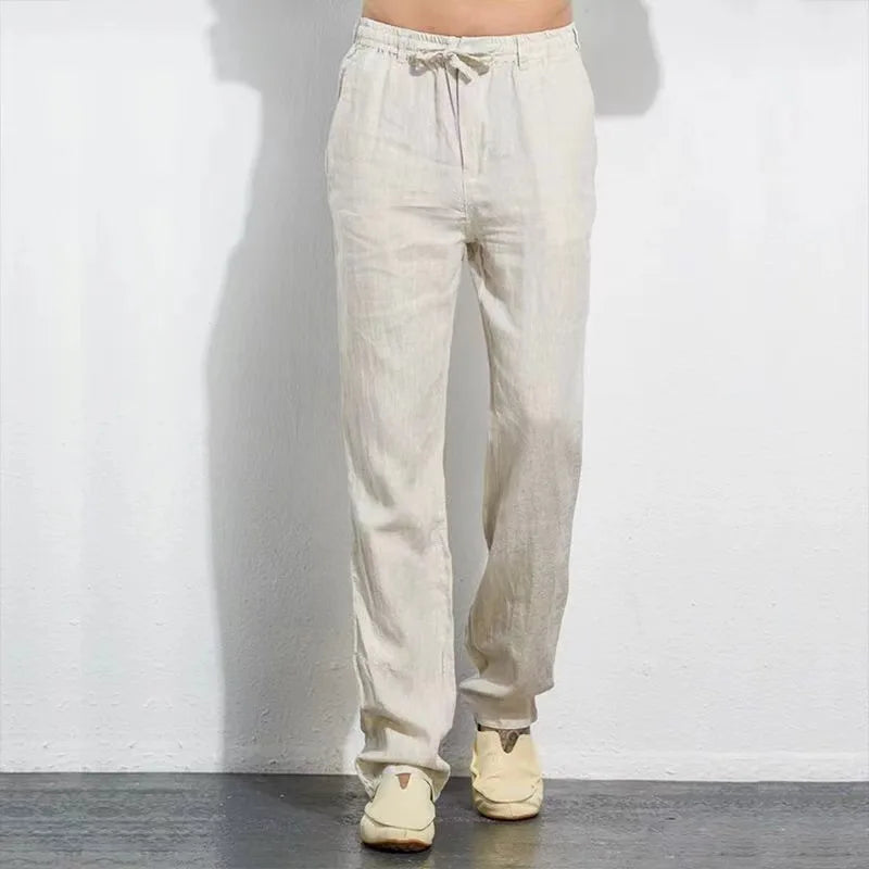 Vintage Men Pleated Cotton Linen Casual Pants Drawstring Side Zip Elastic Waist Comfort Breathable Beach Trousers Straight Pants