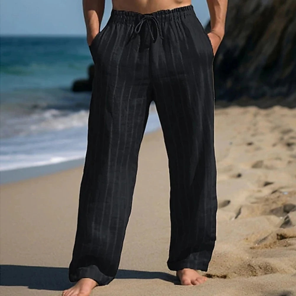 Men's Linen Pants Trousers Summer Pants Beach Pants Drawstring Elastic Waist Straight Leg Stripe Comfort Breathable Pants
