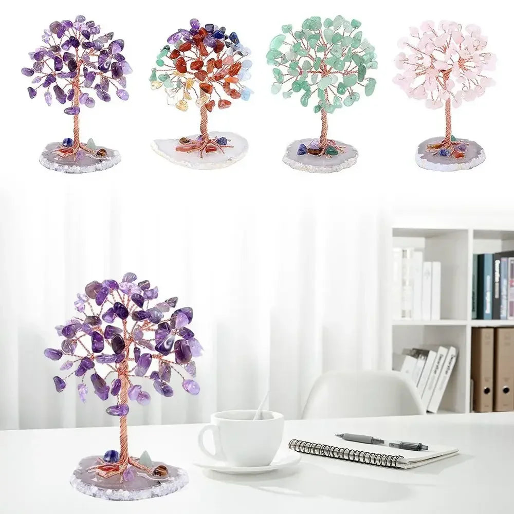 Crystal Money Tree Copper Wire Wrapped W/ Agate Slice Base Fluorite Gemstones Feng Shui Super Mini Trees Home Decor