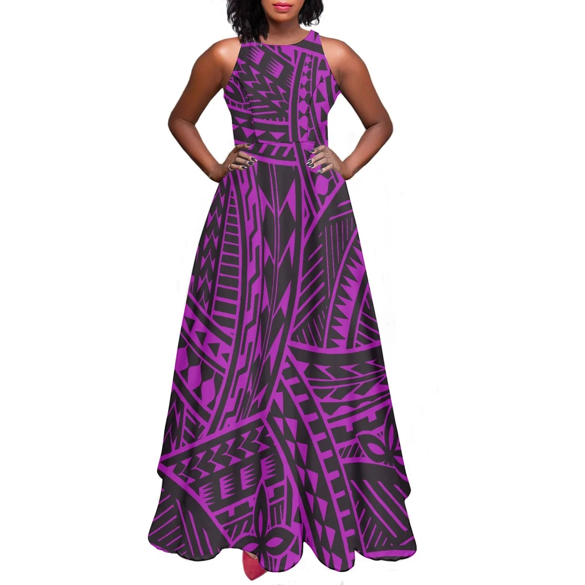 Sleeveless Large Skirt Navy Blue Tapa Traditional Print Round Neck Women Polynesian Tribal Design Casual Fashion Dress Prom