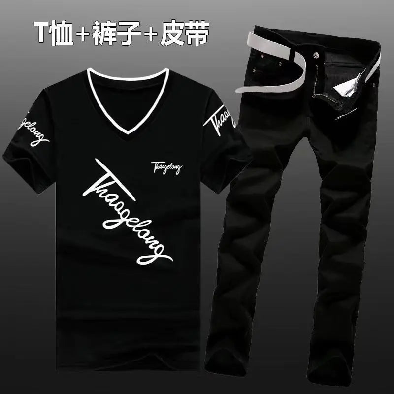 Summer Men Set Cotton T-Shirts Jeans Two Piece Suit Simple Casual T-shirt Denim Pants Sets