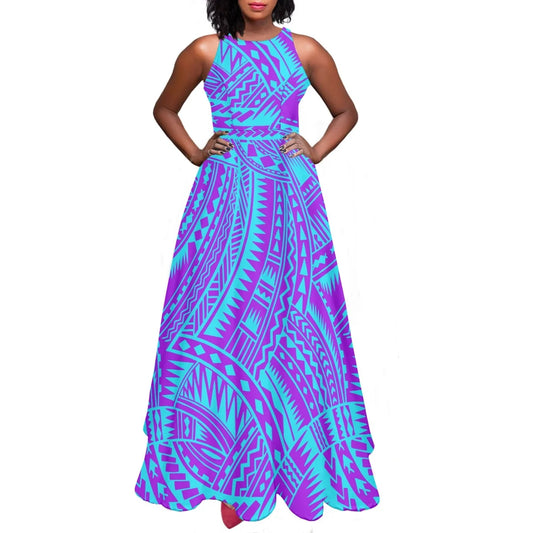 Sleeveless Large Skirt Navy Blue Tapa Traditional Print Round Neck Women Polynesian Tribal Design Casual Fashion Dress Prom