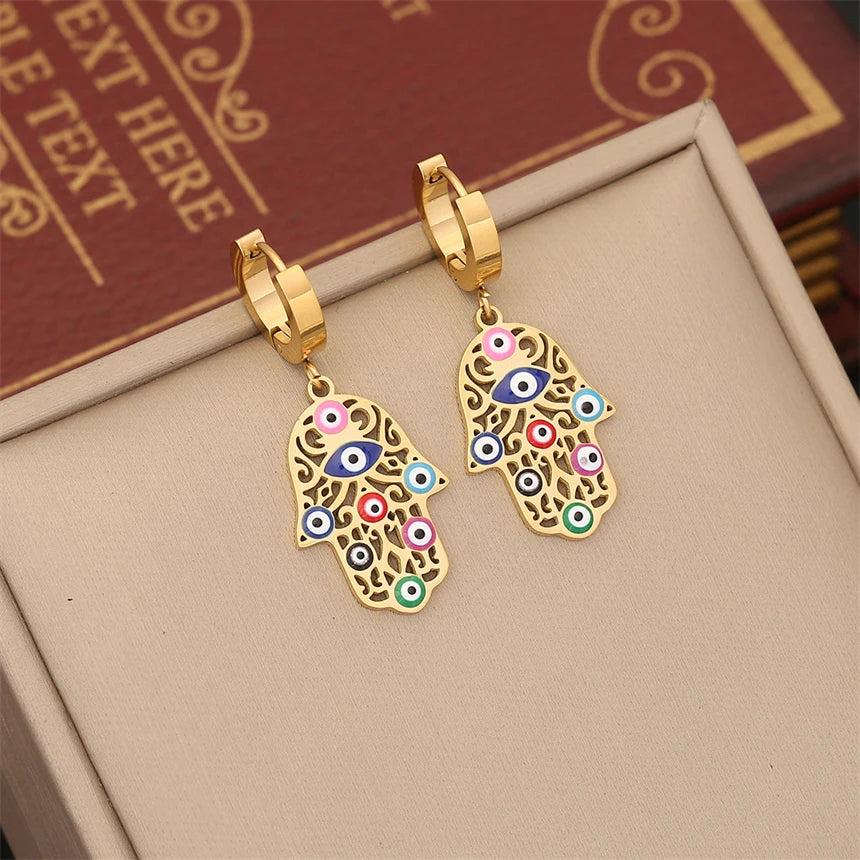 316L Stainless Steel Colored Oil Drip Palm Eyes Pendant Charm Chain Necklaces Bracelets Earrings Fashion High Jewelry Party Gift