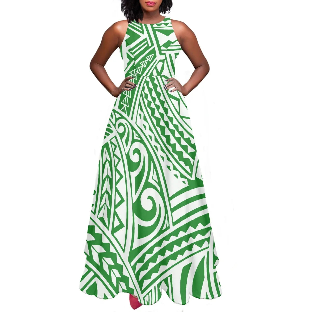 Sleeveless Large Skirt Navy Blue Tapa Traditional Print Round Neck Women Polynesian Tribal Design Casual Fashion Dress Prom