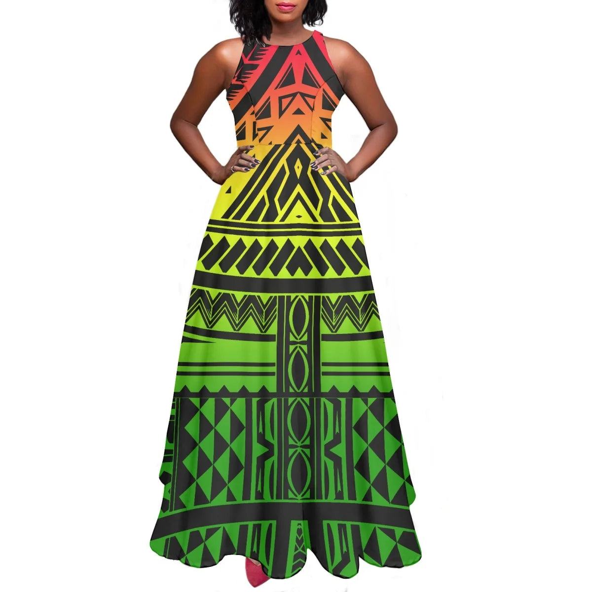 Sleeveless Large Skirt Navy Blue Tapa Traditional Print Round Neck Women Polynesian Tribal Design Casual Fashion Dress Prom